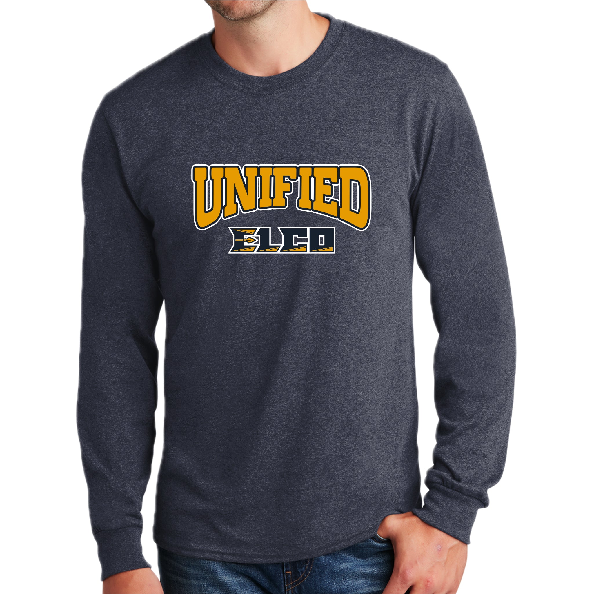 ELUN0325-02 Heather Navy Long Sleeve Unified Logo Tee 1
