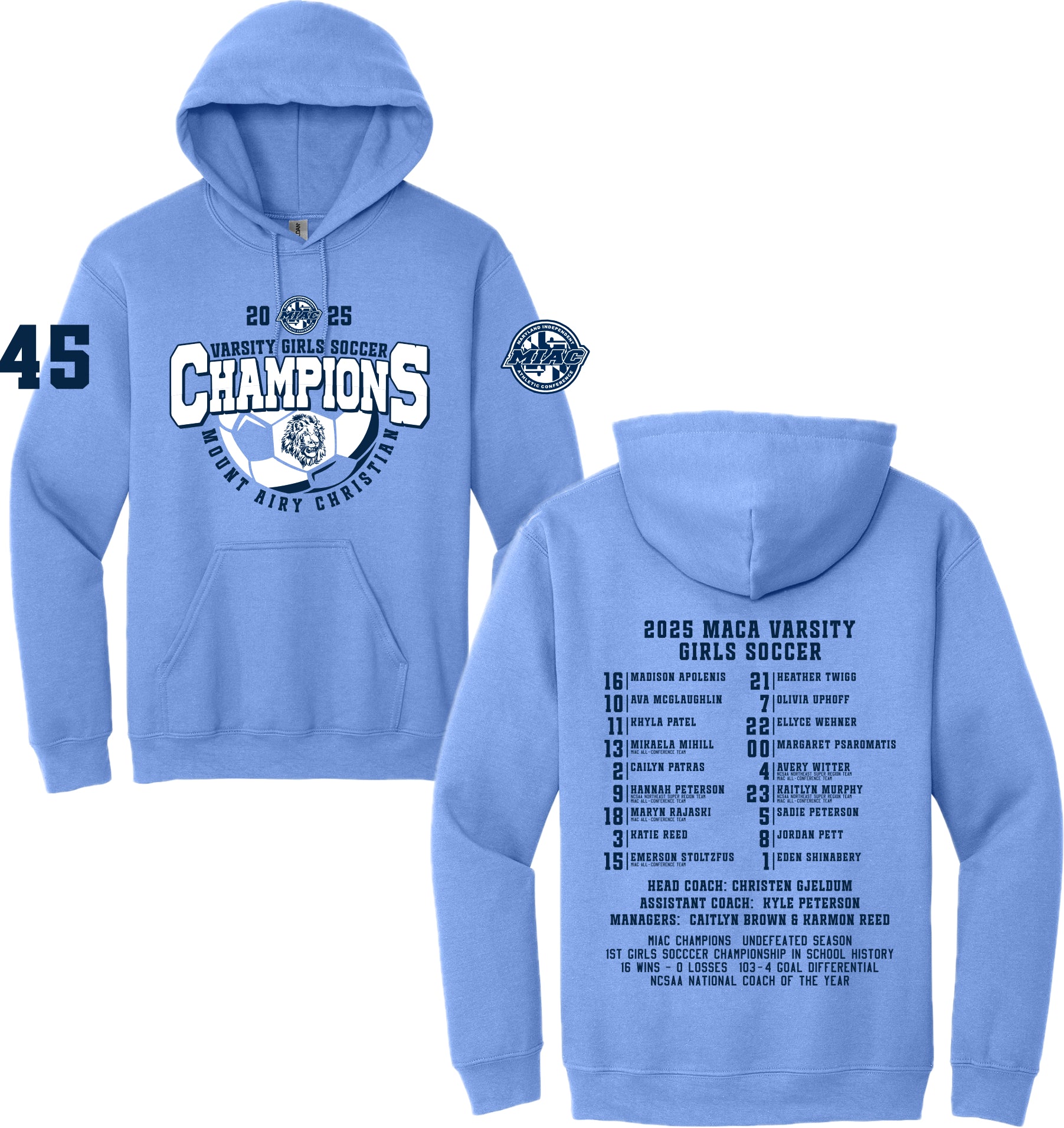 MACA039 Varsity Girls Soccer Champions Hoody Carolina Blue