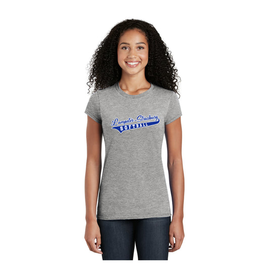 24388-11  Ladies Grey Short Sleeve Tee | Softball Script Logo