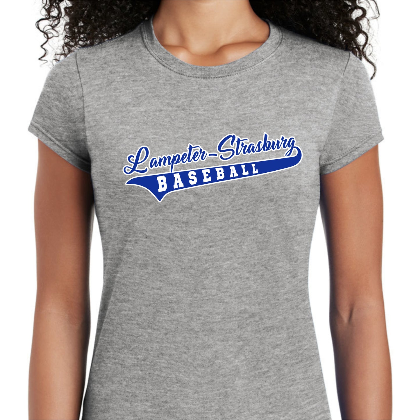 24388-12  Ladies Grey Short Sleeve Tee | Baseball Script Logo